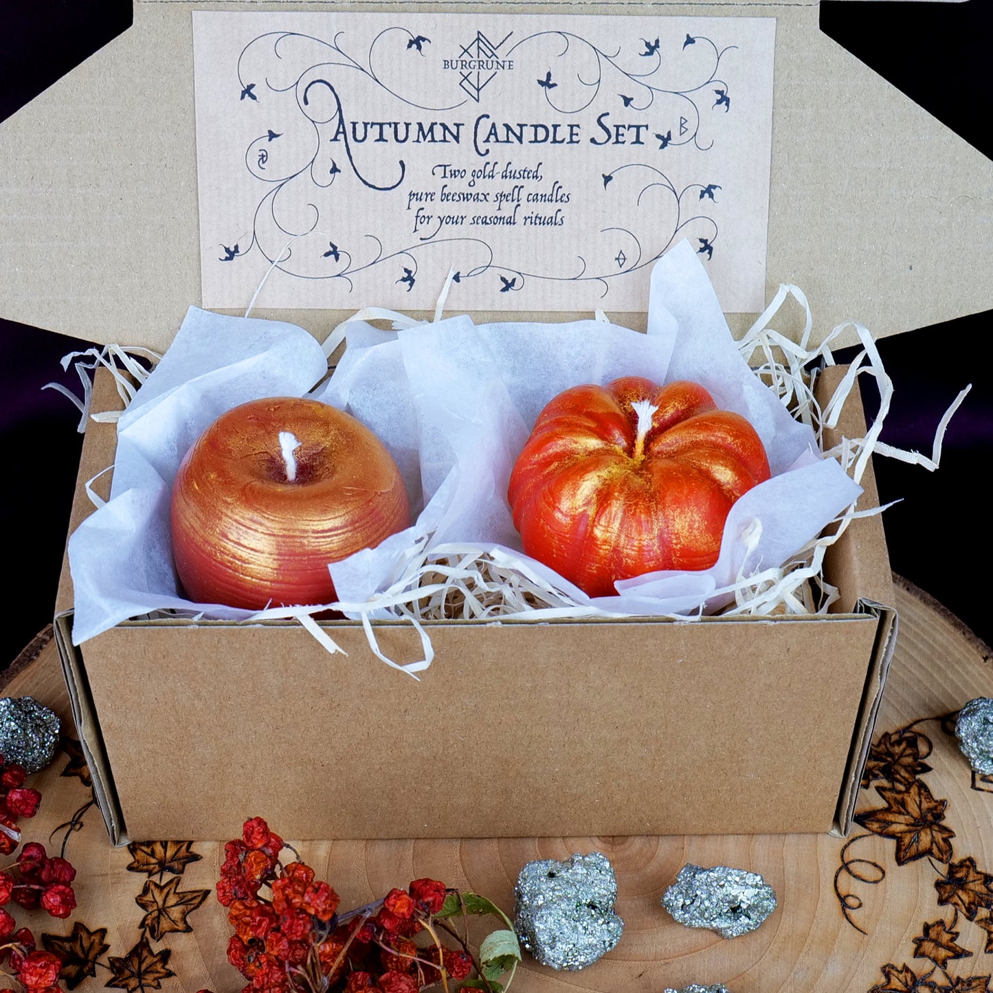 Autumn-Fall Candle Set • beeswax apple and pumpkin